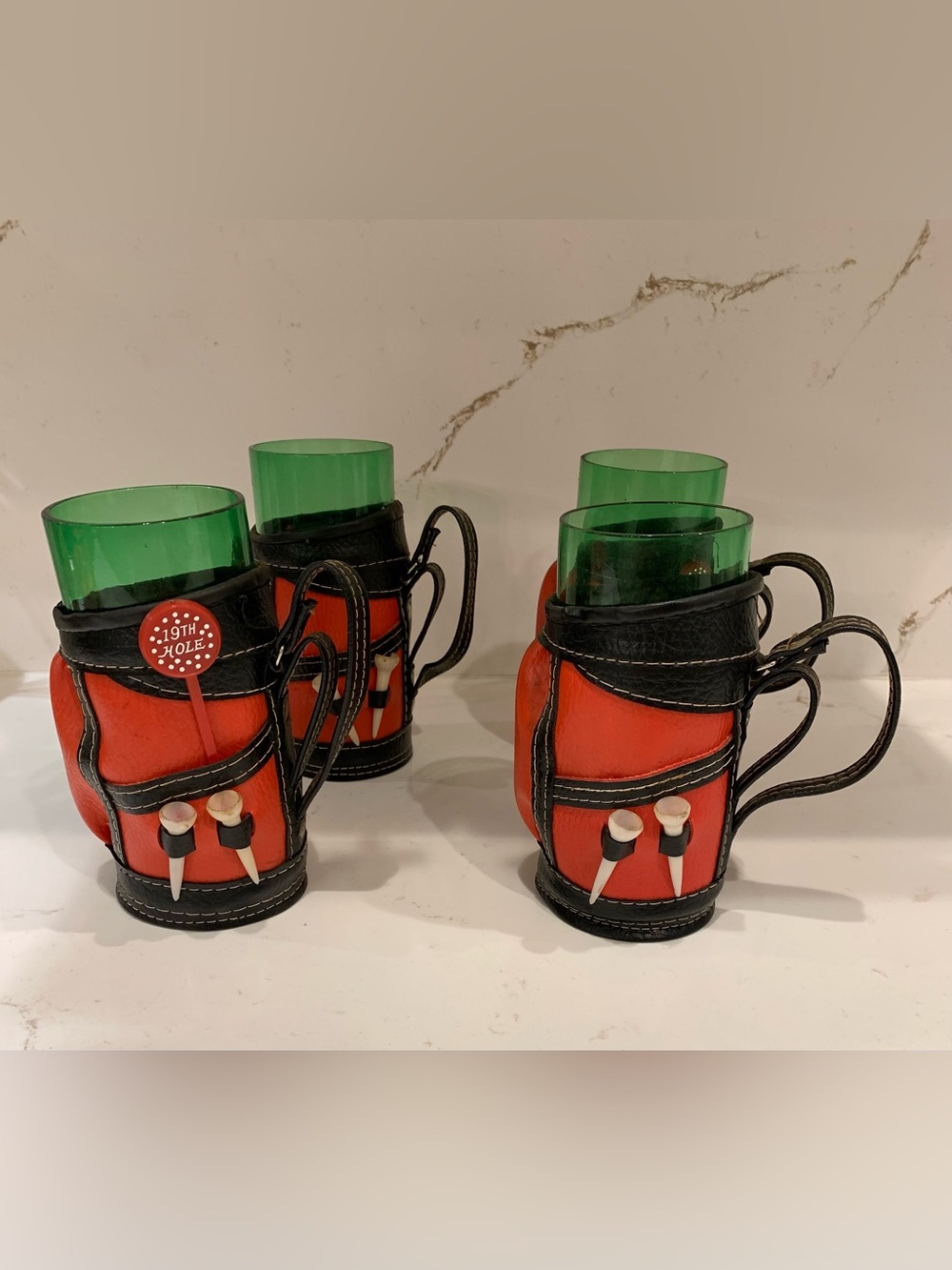 Golf Club Drinking Cups Leather Caddy Bag with Green Glass Tumblers Set Of (4)